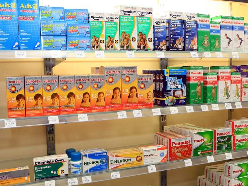 Over-the-counter painkillers at a pharmacy