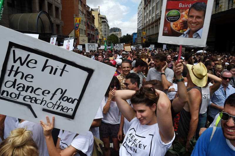 Demonstrators take part in protest rally against the NSW government's lockout laws and impact on nightlife in Sydney, Sunday, Feb. 21, 2016.