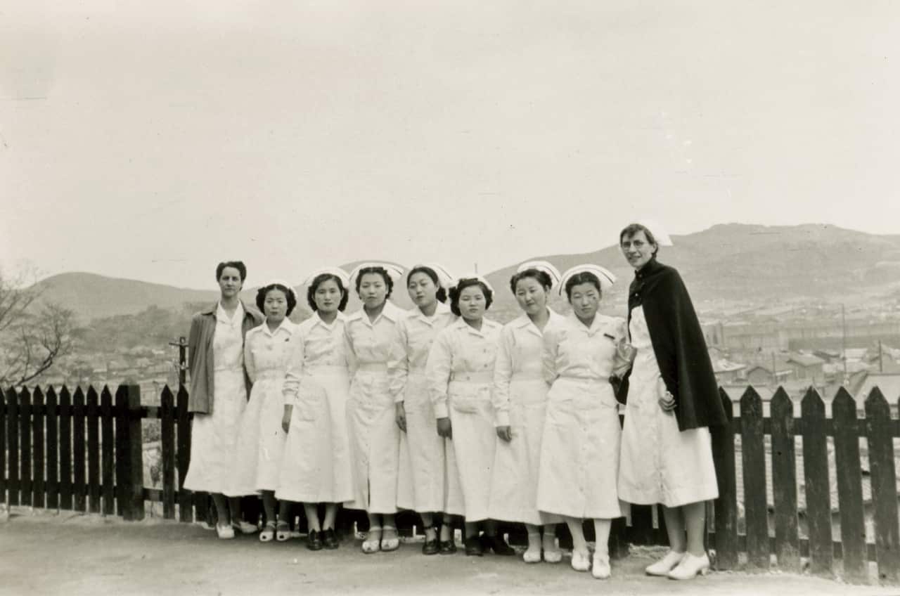 Catherine Mackenzie(far right) and midwife trainees in Ilsin Woman's Hospital 