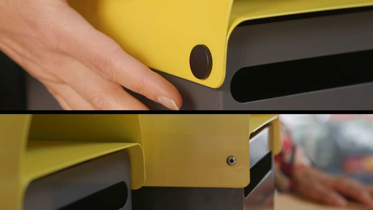 The nylon pivot used in DesignByThem's original letter box (above), compared to the metal rivet in the copy (below).