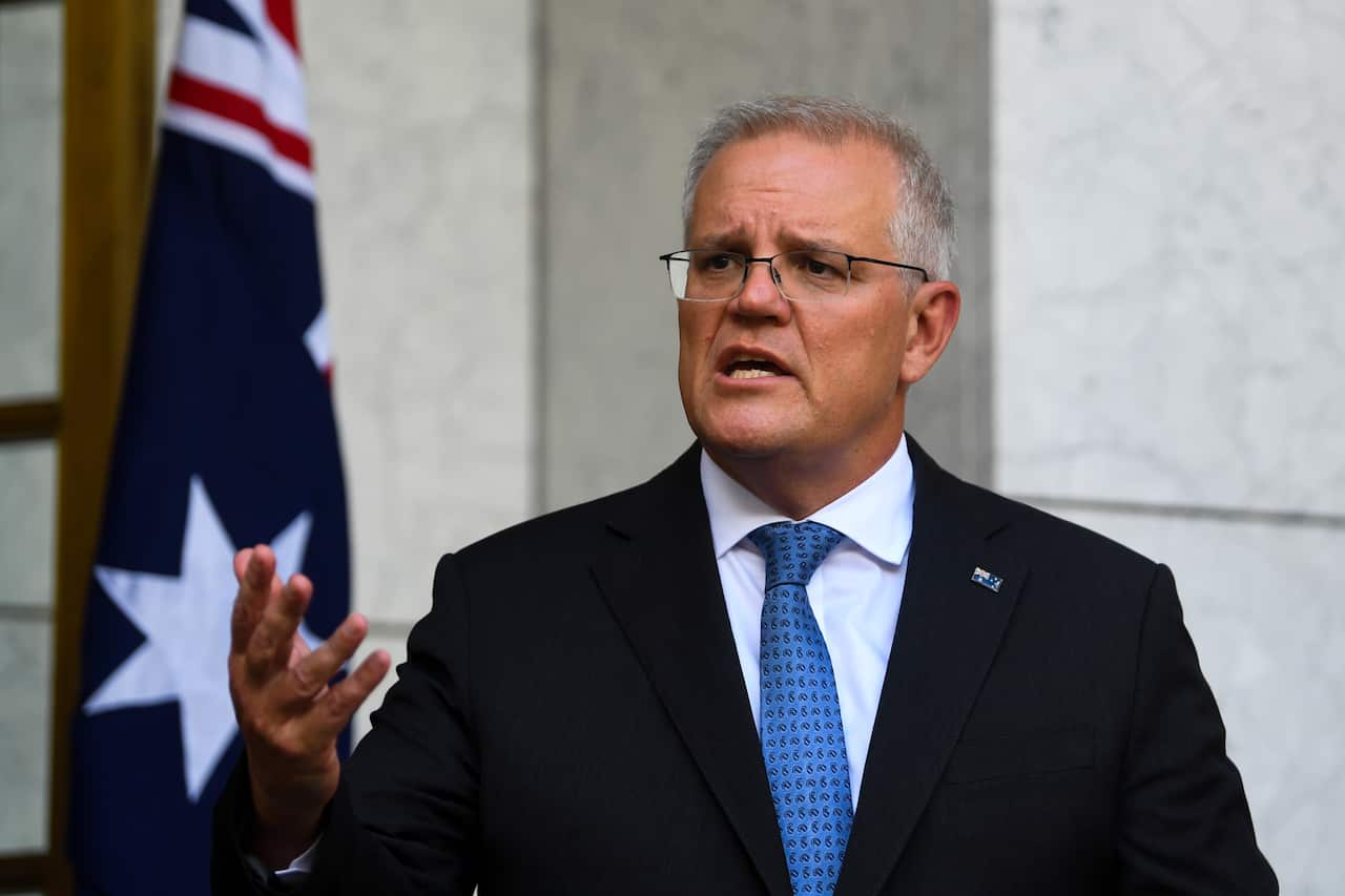 Prime Minister Scott Morrison speaks to the media during a press conference in Canberra, Monday, February 7, 2022.