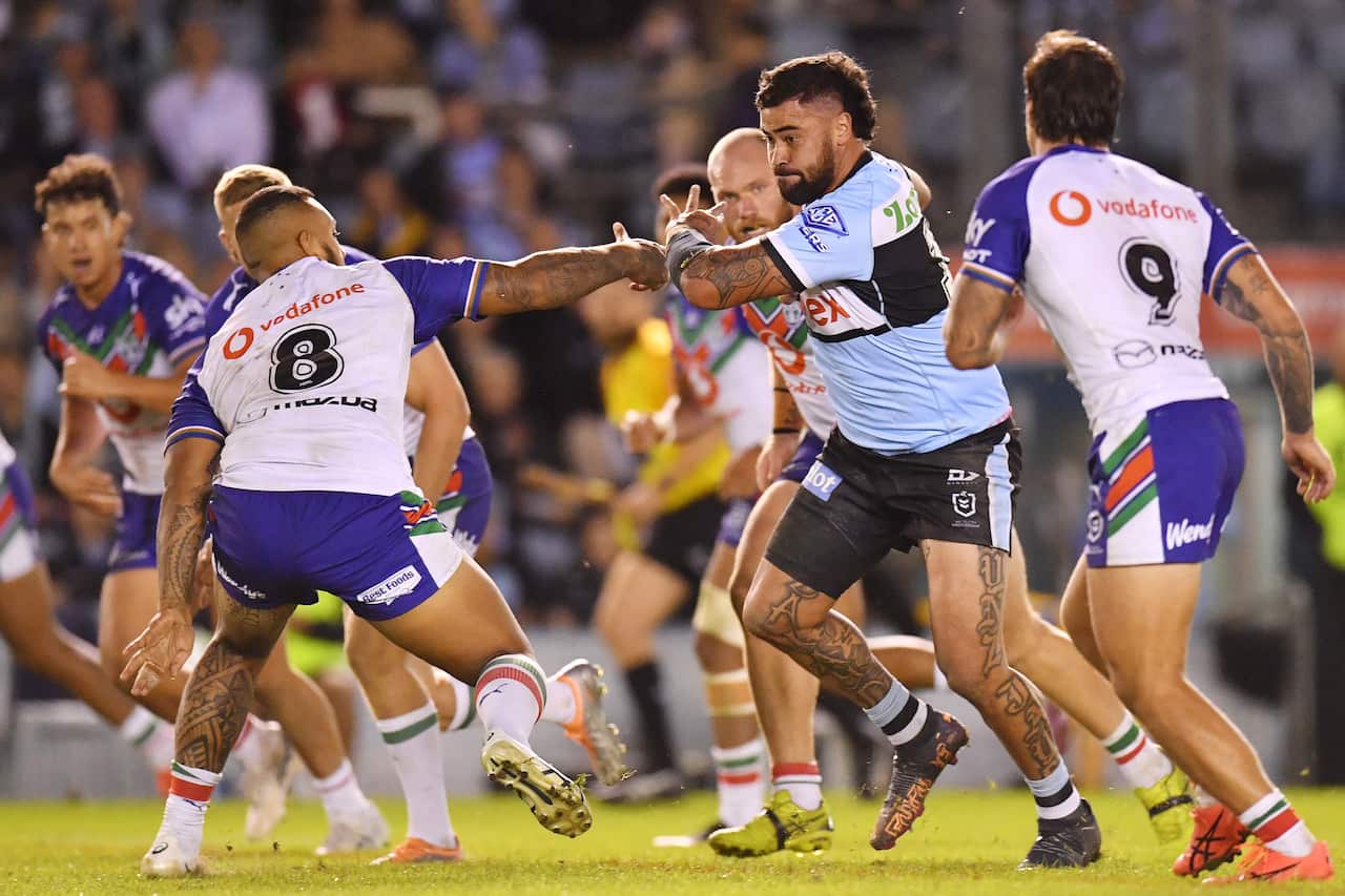 Andrew Fifita of the Sharks during the NRL Round 9 match between the Cronulla-Sutherland Sharks and the The New Zealand Warriors at PointsBet Stadium in Sydney, Sunday, May 8, 2022. (AAP Image/Dean Lewins) NO ARCHIVING, EDITORIAL USE ONLY