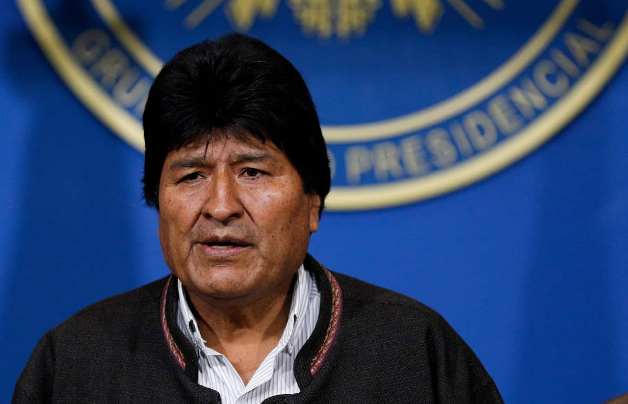 Bolivia's President Evo Morales looks on during a press conference in La Paz, Bolivia, Sunday, Nov. 10, 2019.