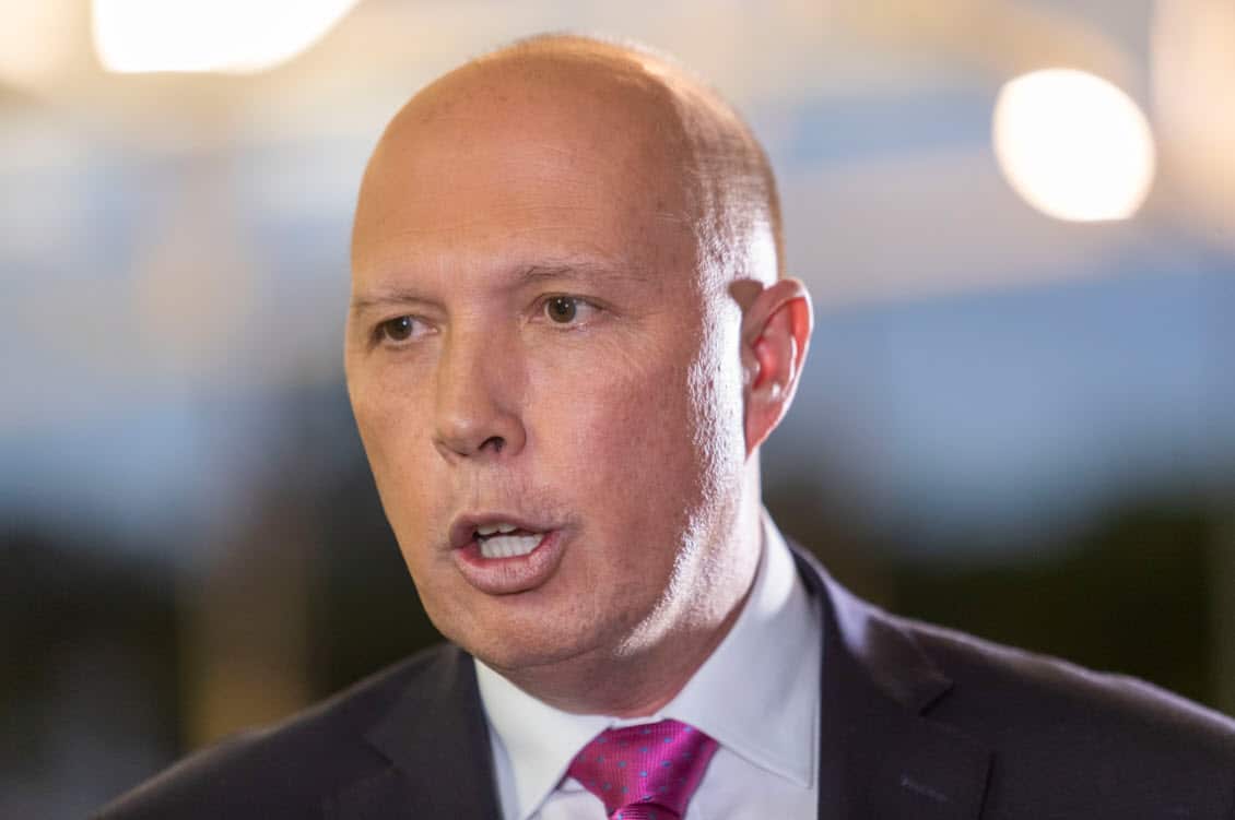 Minister for Home Affairs Peter Dutton is seen at the Pine River Bowls Club in Bray Park, Brisbane, Tuesday, April 16, 2019 (AAP)
