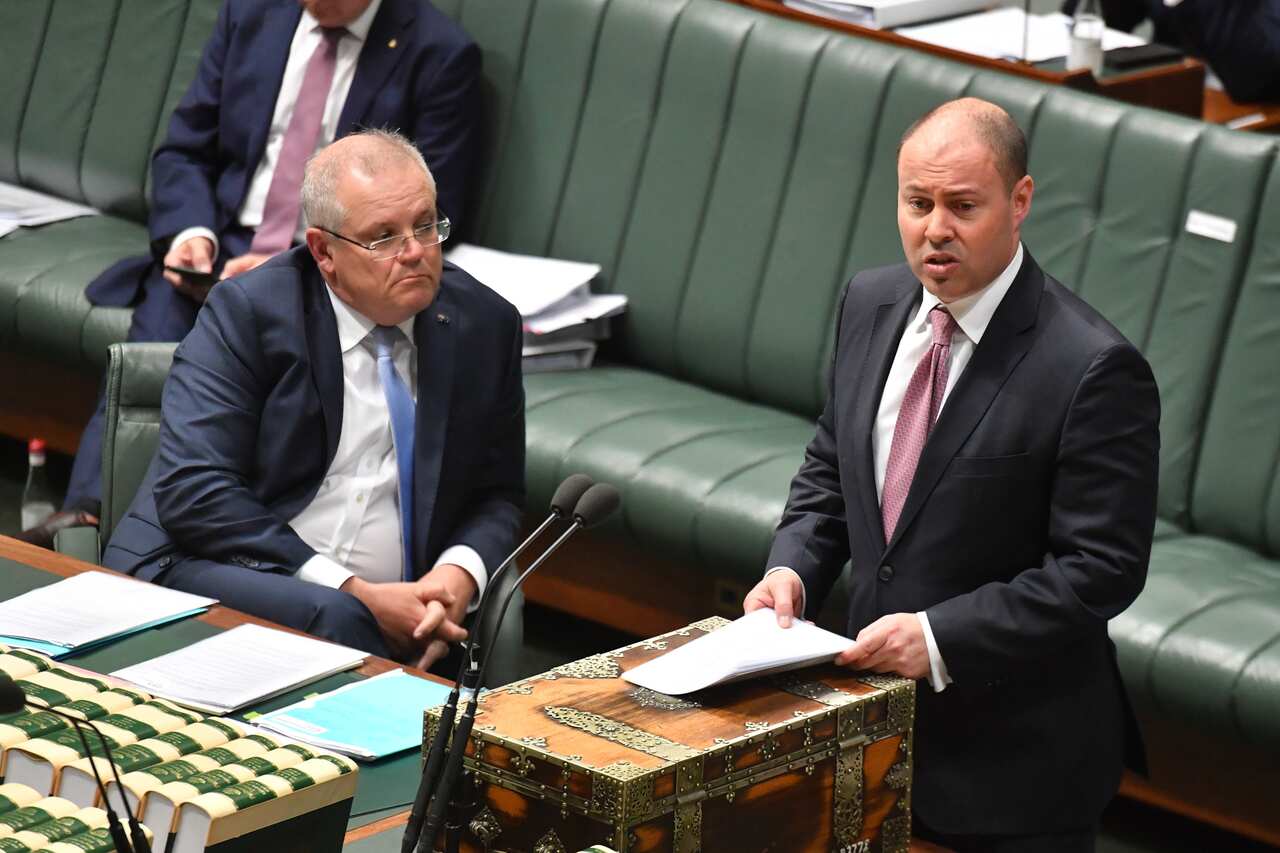 Prime Minister Scott Morrison and Treasurer Josh Frydenberg during Question Time in the House of Representatives at Parliament House in Canberra, Thursday, May 14, 2020. (AAP Image/Mick Tsikas) NO ARCHIVING