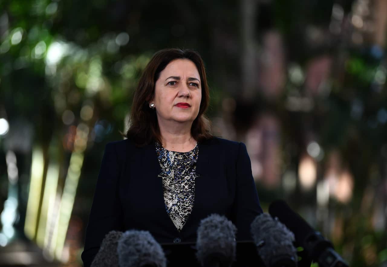 Queensland Premier Annastacia Palaszczuk is seen during a press conference at Parliament House in Brisbane, Monday, June 15, 2020. (AAP Image/Dan Peled) NO ARCHIVING