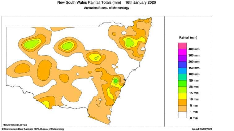 NSW rainfall totals for 16/01/2020.