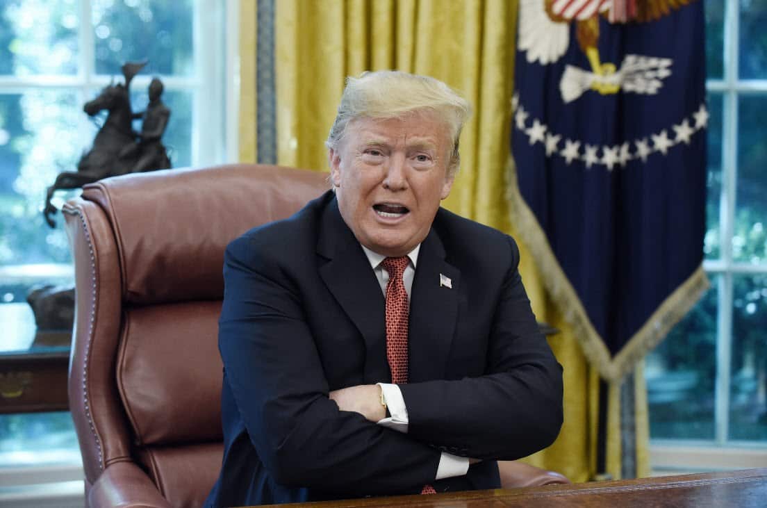 US President Donald Trump speaks during a meeting