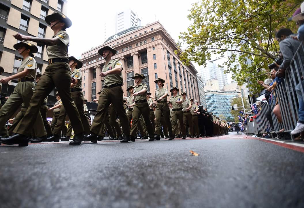 Soldiers march during the Anzac Day march in Sydney, Wednesday, April 25, 2018.