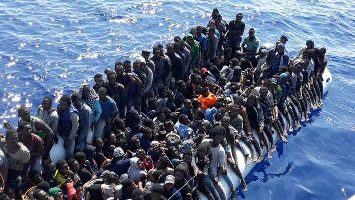 A file photo of migrants on a ship intercepted off the Libyan Coast in 2018