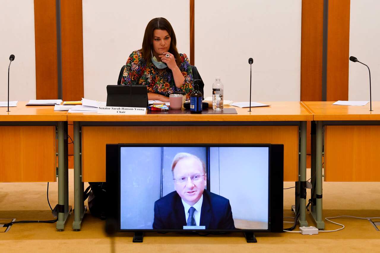 Australian Greens Senator Sarah Hanson-Young speaks to Sky News Australia CEO Paul Whittaker during a Senate inquiry at Parliament House in Canberra, Monday, September 06, 2021. (AAP Image/Lukas Coch) NO ARCHIVING