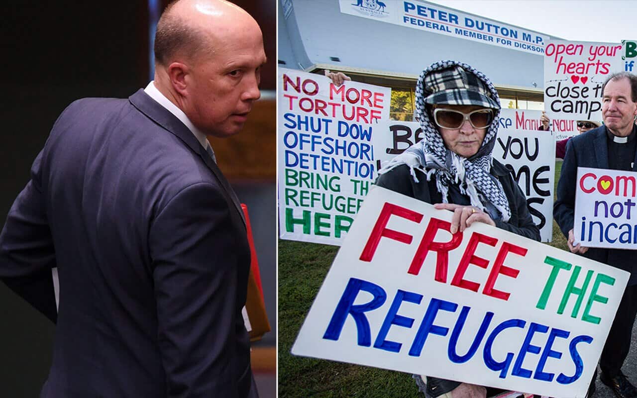 Left: Peter Dutton - Right: Members of the Refugee Action Collective in August 2017.
