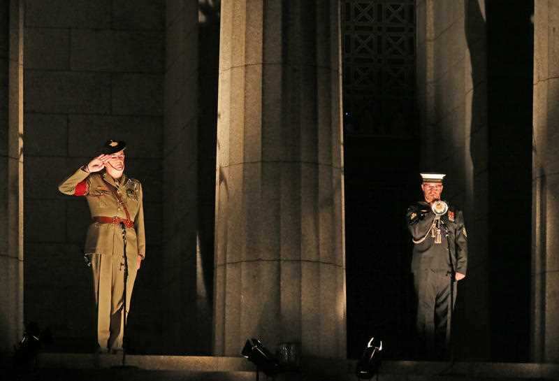 A bugler plays during the Anzac Day dawn service at the Shrine of Remembrance in Melbourne, Thursday, April 25, 2019