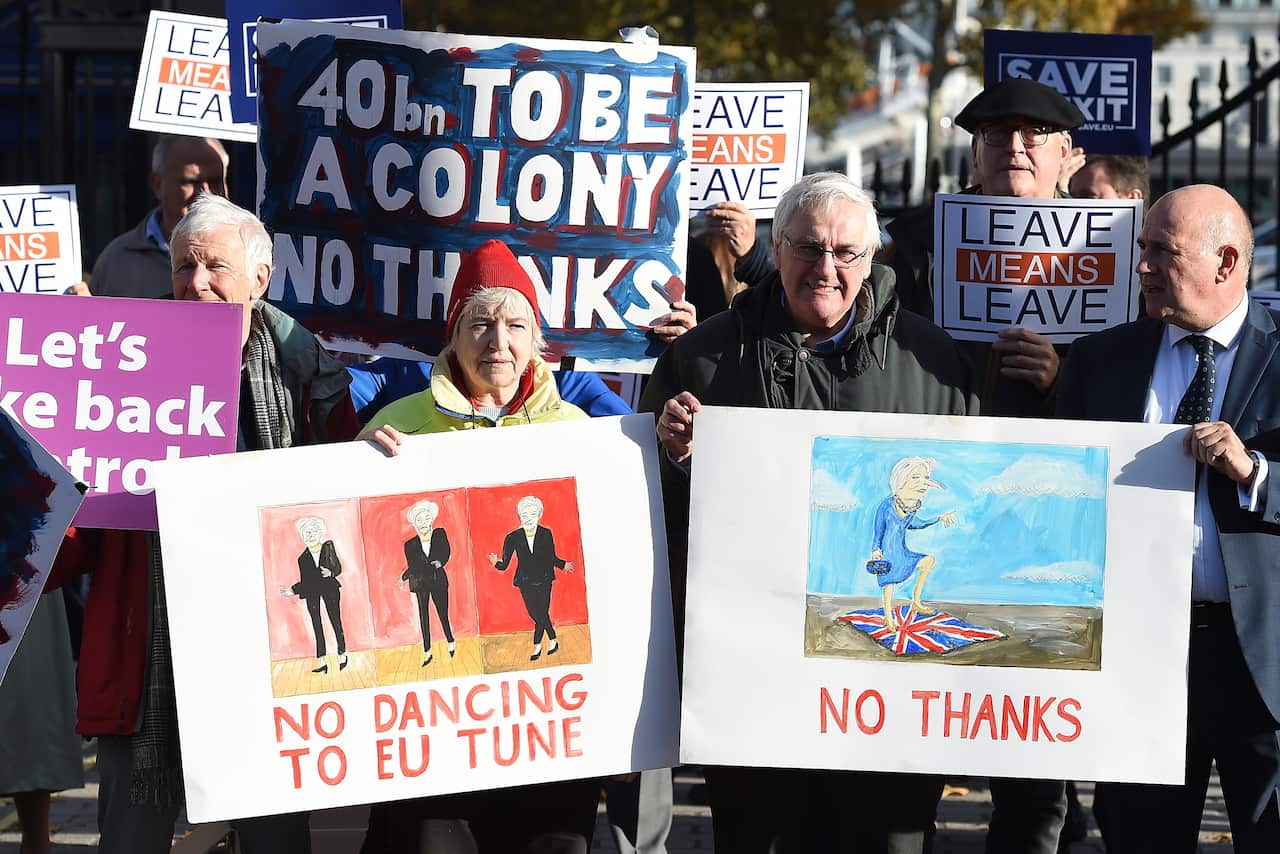 Pro Brexit demonstrators protest outside Downing Street in London, Britain, 14 November 2018. 