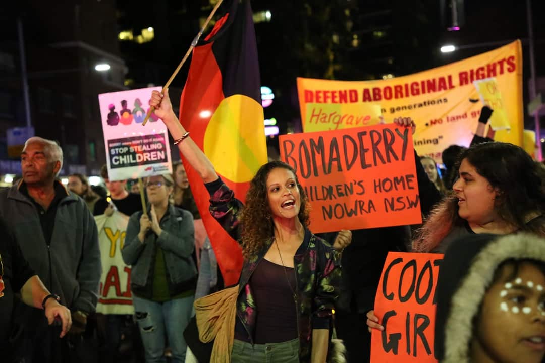 Protesters assembled at Victoria Park in Sydney for Sorry Day 2017.