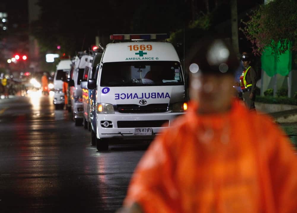 Ambulances parked on standby outside the hospital in Chiang Rai province.