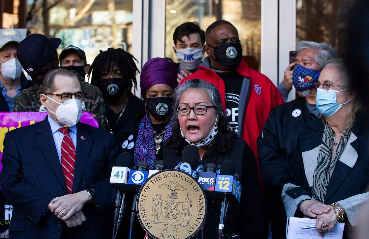 Jo-Ann Yoo, Asian American Federation Executive Director speaks at an anti-violence press conference where a 65-year-old Asian woman was attacked in New York.