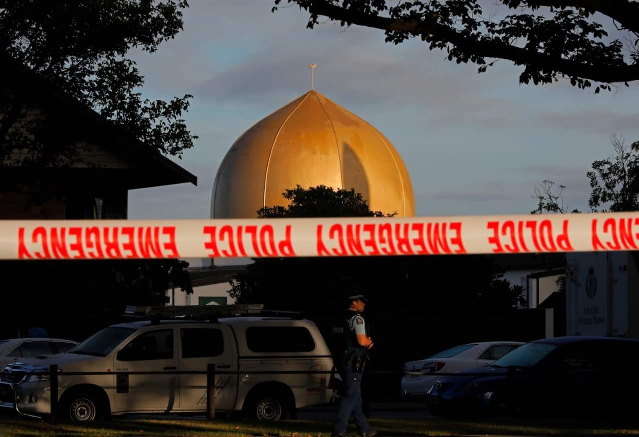 A police officer stands guard in front of the Masjid Al Noor mosque in Christchurch, New Zealand, Sunday, March 17, 2019