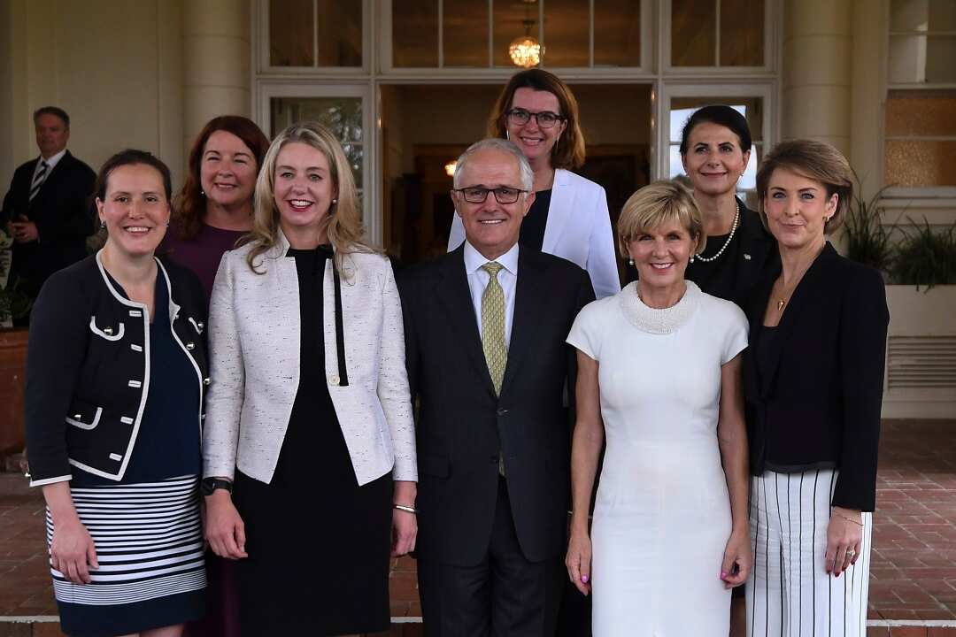 Prime Minister Malcolm Turnbull with female members of his frontbench including Kelly O'Dwyer (left).