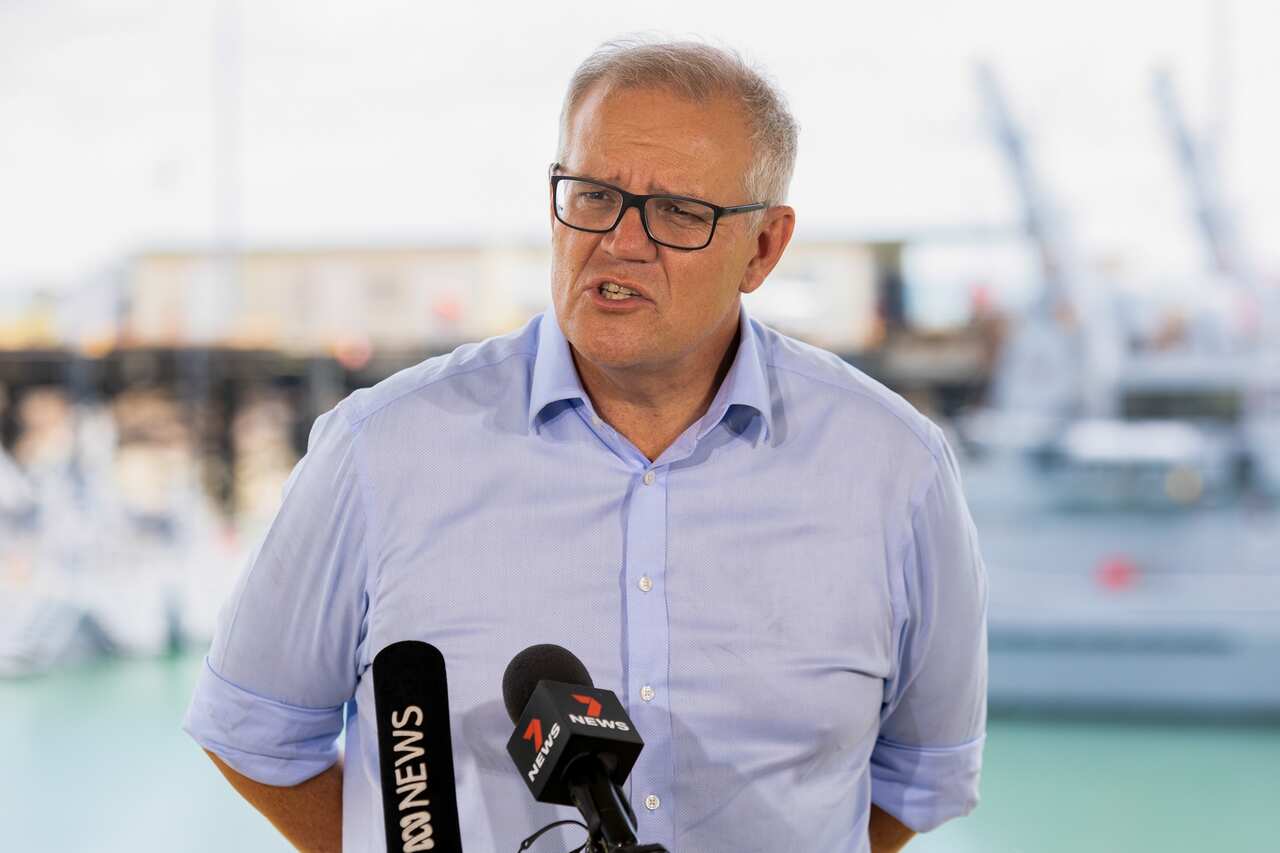 Prime Minister Scott Morrison speaks to the media during a press conference at the Larrakeyah Defence Precinct in Darwin, 18 February, 2022.