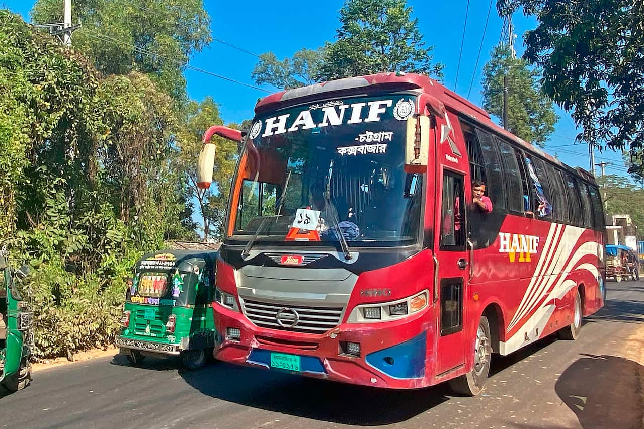Rohingya refugees are being transported in a bus to Chittagong district from a refugee camp for the first mass relocation of refugees to an island.