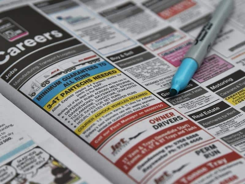 A classifieds job section in a newspaper