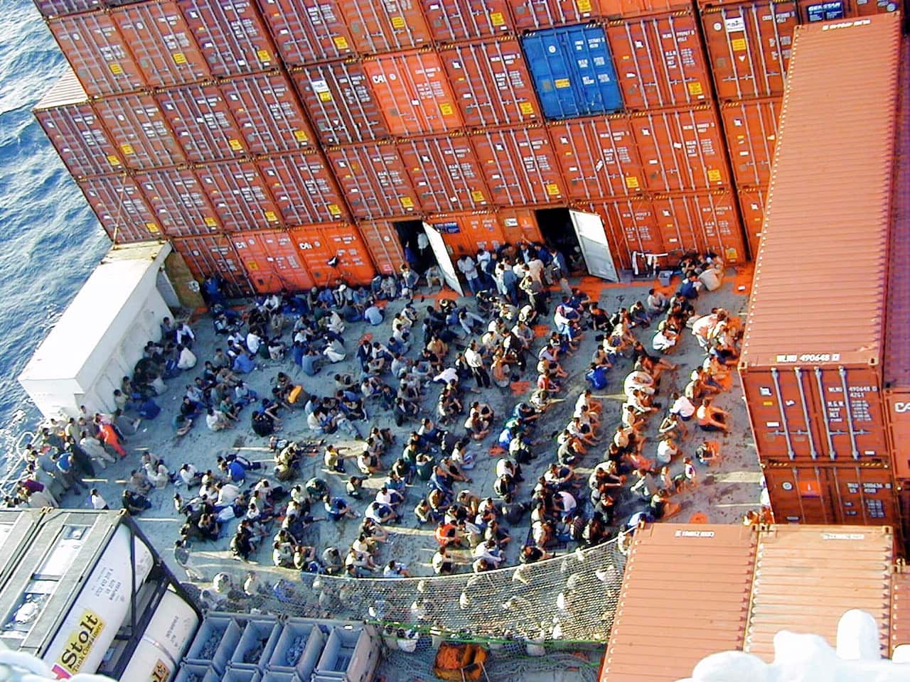 438 asylum seekers onboard the Norwegian cargo ship Tampa in August, 2001.