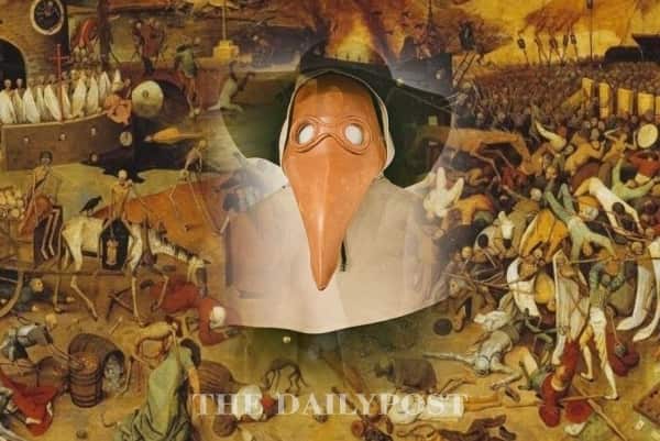 the 'Pest'doctor wears protective clothing to avoid contact with the plague contagion suspected to be in the air