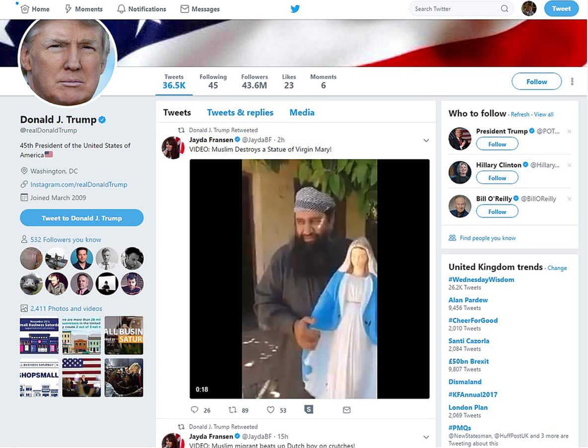 Mr Trump retweeted three videos tweeted by deputy leader of far-right group Britain First, Jayda Fransen, on Wednesday. 