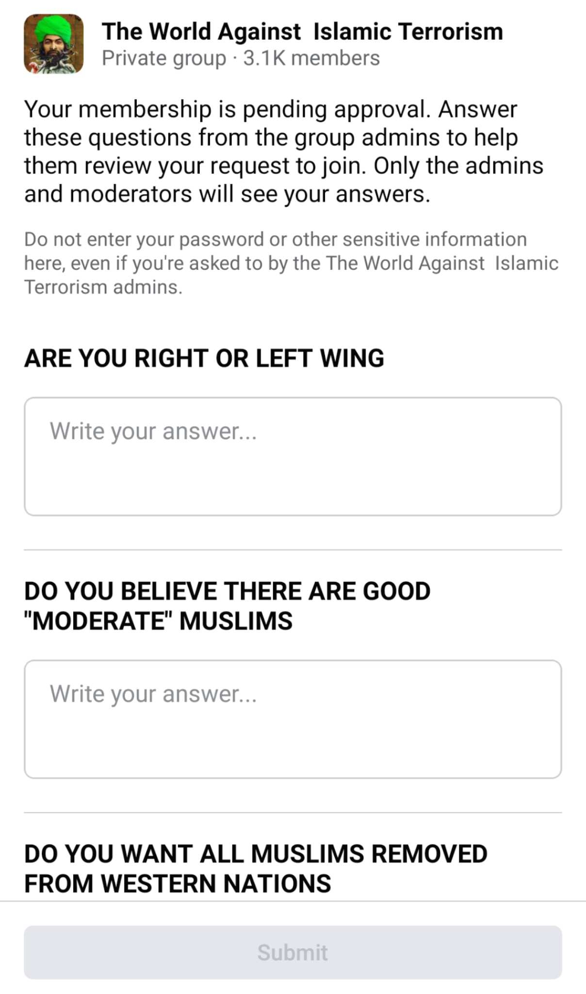 An example of an anti-Islam Facebook group's questions before submission to the group.
