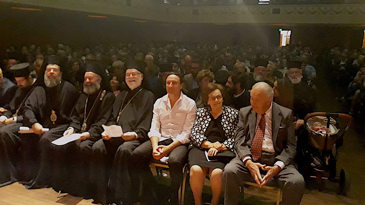 His Eminence Archbishop Makarios of Australia, His Grace Bishop Ezekiel of Dervi, and Greek Community of Melbourne's president Bill Papastergiadis.   