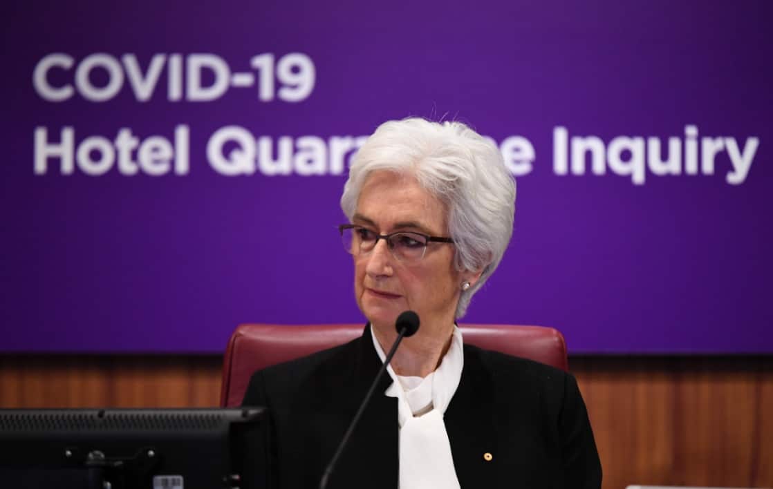 The Honourable Jennifer Coate AO is seen during the COVID-19 Hotel Quarantine Inquiry in Melbourne, Monday, July 20, 2020.
