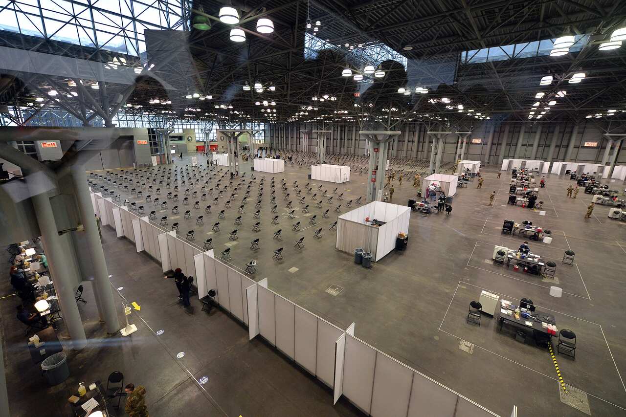A top view of the Jacob K. Javits Convention Center vaccination area as it opens today as a state-run COVID-19 vaccine site, New York,.