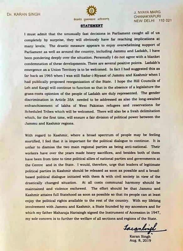 Statement by Dr Karan Singh, political leader, and son of the last J&K ruler Maharaja Hari Singh