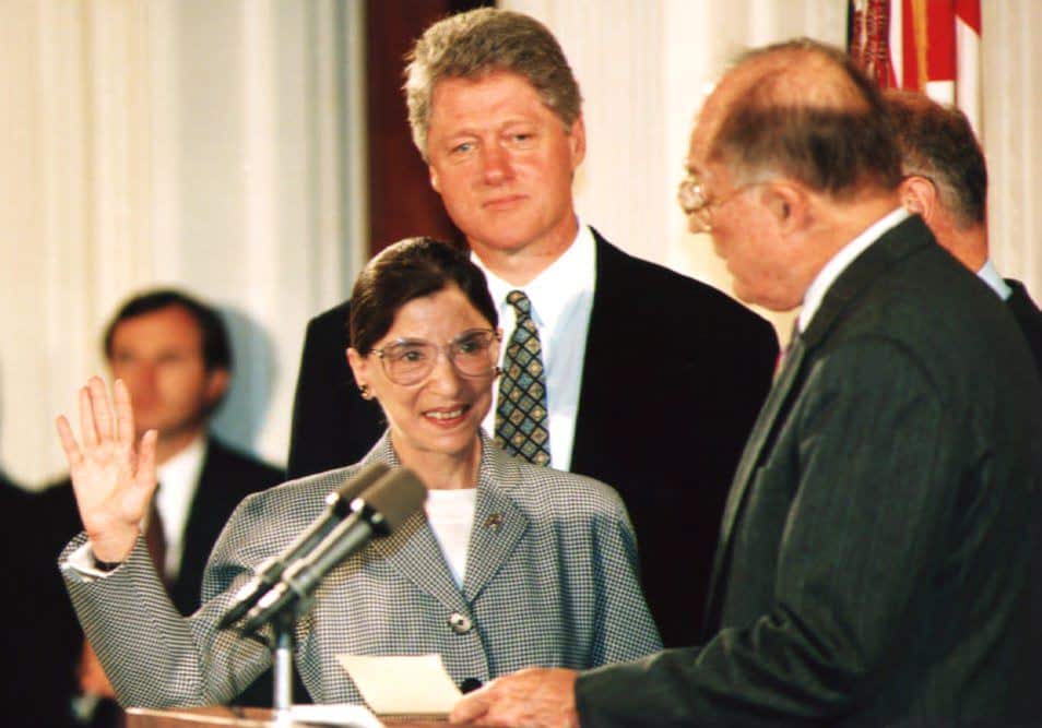 US Supreme Court Chief Justice William Rehnquist administers the oath of office to newly-appointed Supreme Court Justice Ruth Bader Ginsburg in 1993.