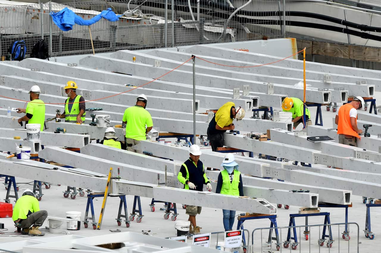 Construction workers at the Barangaroo development in Sydney in late March.