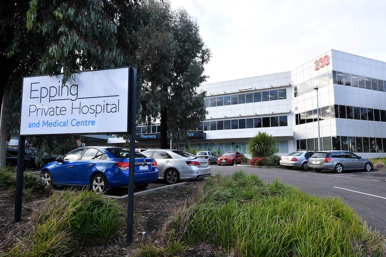General view of signage on the exterior of the Epping Private Hospital in Epping, Melbourne, Wednesday, June 16, 2021. Victoria has recorded five new locally acquired cases of Covid-19 in the past 24 hours. (AAP Image/James Ross) NO ARCHIVING