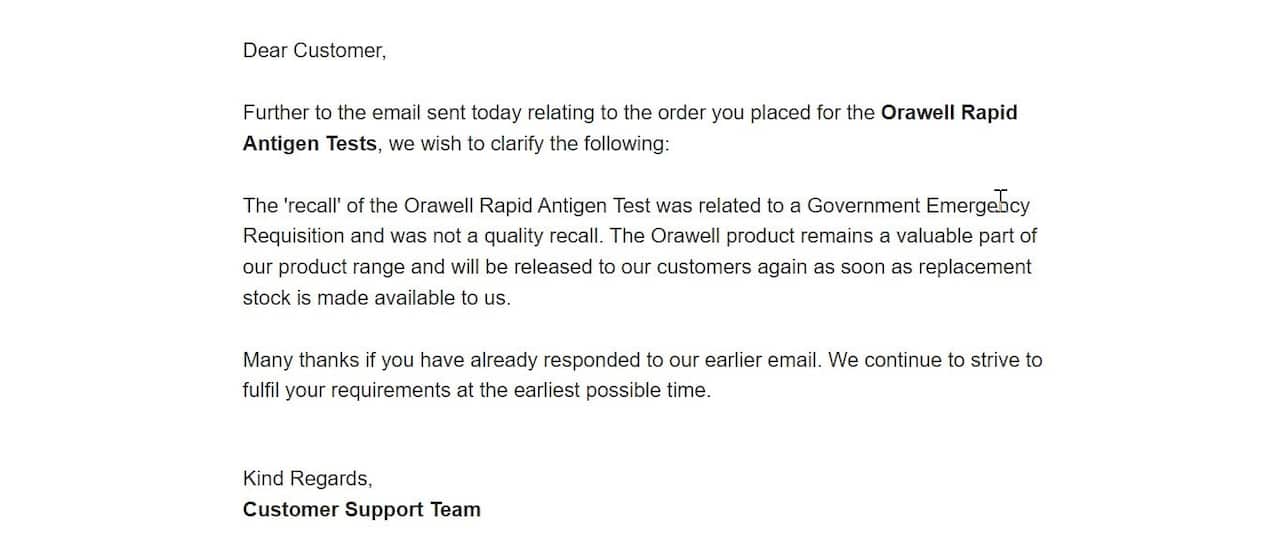 An email one of HiCraft's customers received on Tuesday.