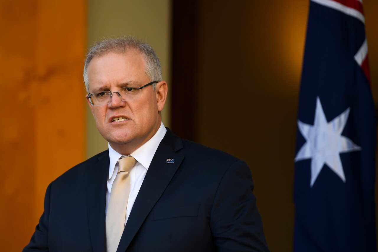 Prime Minister Scott Morrison speaks to the media during a press conference at Parliament House in Canberra.