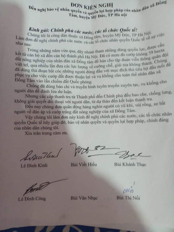 Đơn kiến nghị của dân Đồng Tâm tới Quốc tế 31/12/2019