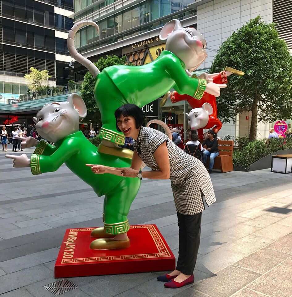 Sydney based cultural icon Claudia Chan Shaw and the Ratrobats at World Square, Sydney