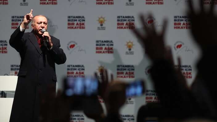 Turkish President Recep Tayyip Erdogan speaks during his Justice and Development Party (AK Party) rally in Istanbul