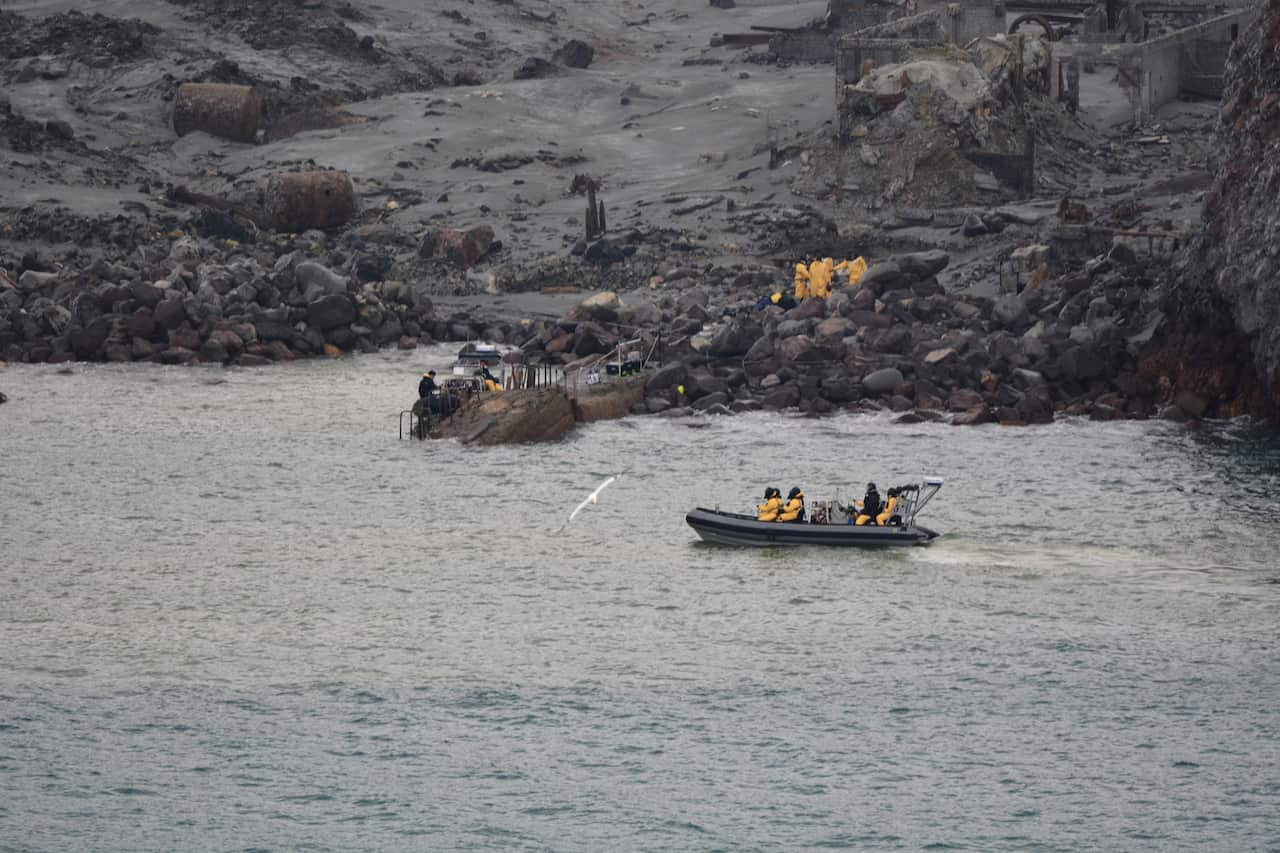 A Royal New Zealand Navy inflatable boat transporting search personnel during the recovery operation on White Island.