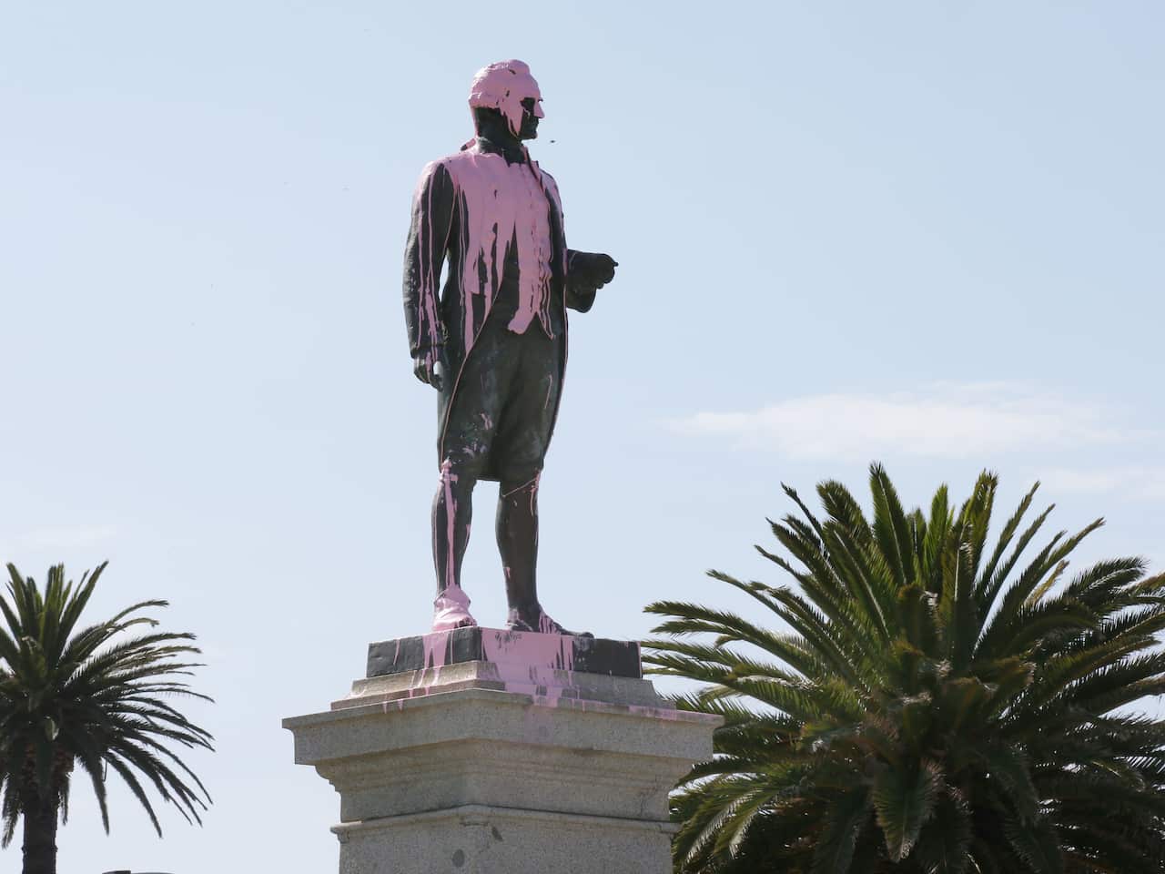 Pink paint is seen covering the head of the James Cook statue in St Kilda, Melbourne earlier this year.