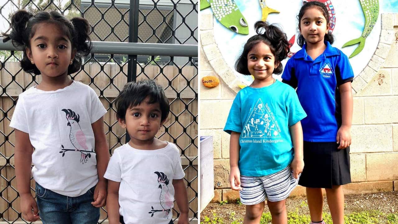 Kopkia and Tharunicaa in Melbourne detention (left) and recently on Christmas Island (right).