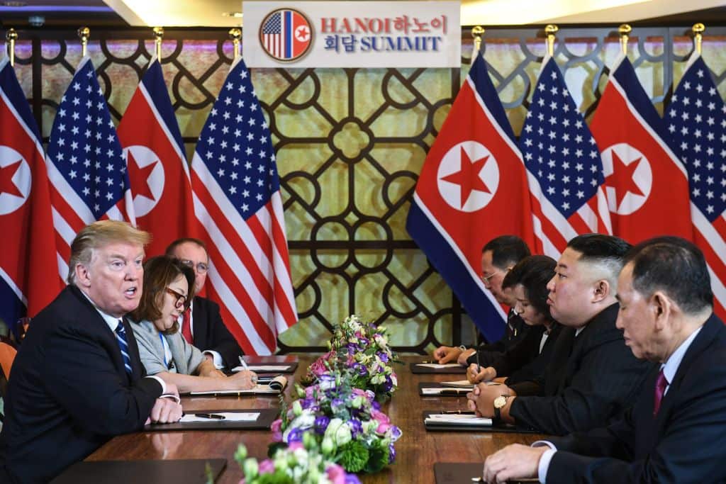 US President Donald Trump speaks during a bilateral meeting with North Korea's leader Kim Jong-un
