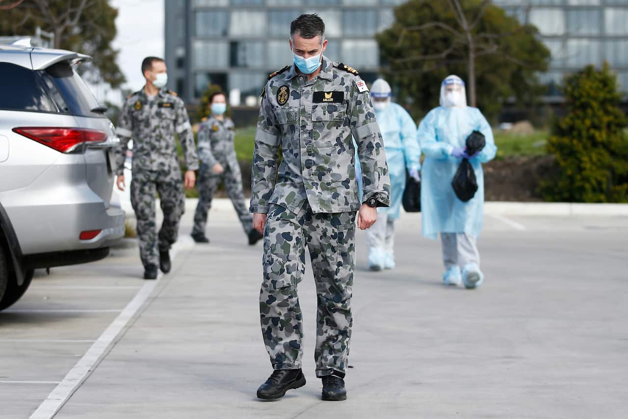 ADF staff arrive at Epping Gardens Aged Care Facility in Epping, Melbourne, Tuesday, 28 July, 2020.