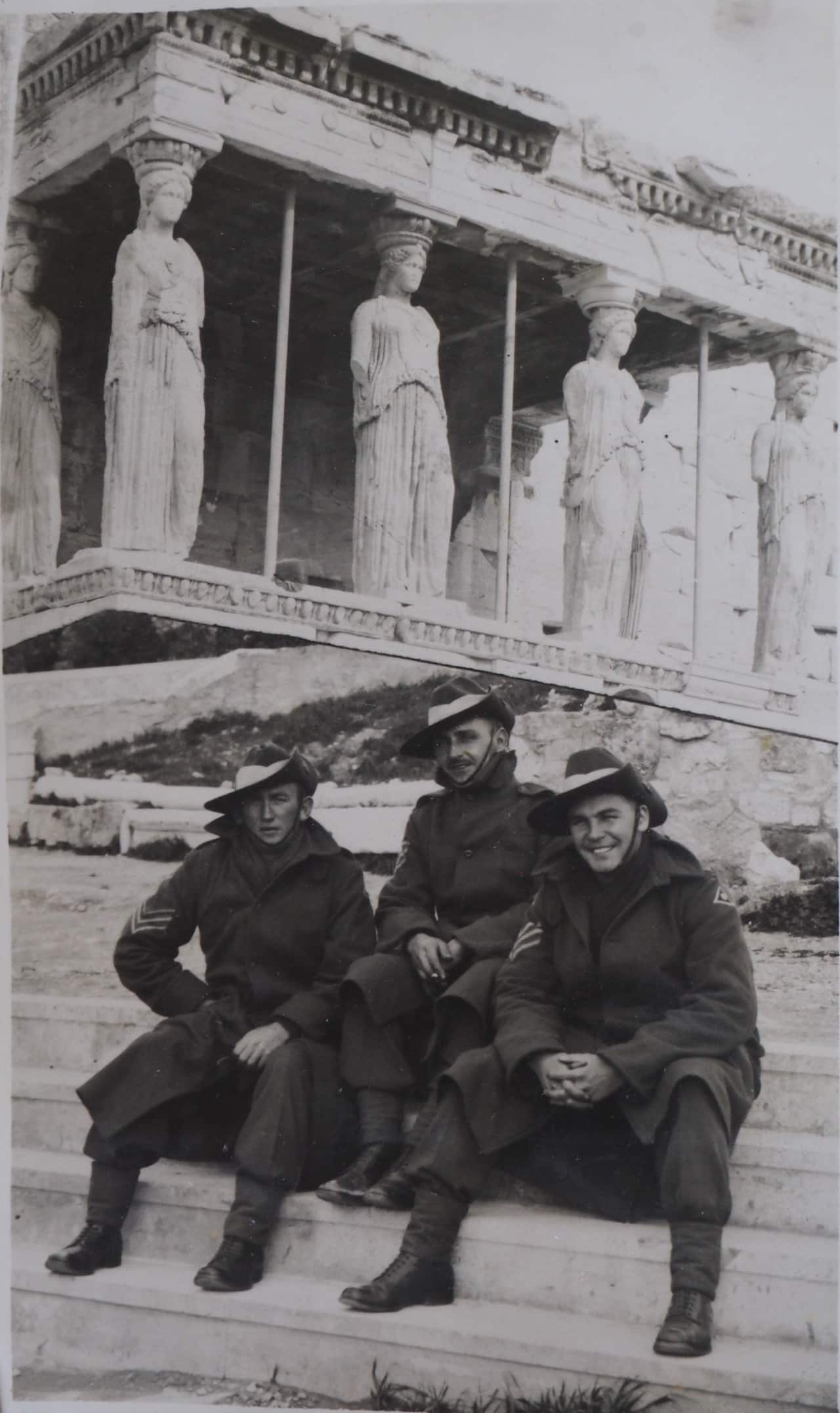 “Greece.” Composite photograph as a memento of Alfred’s (at left) visit to the Acropolis, with two other Australian soldiers, Athens, March 1941. 
