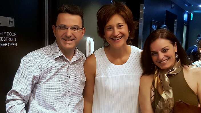 Greek Community of Melbourne (GCM) vice-president Theo Markos, Advanced Greek Language School of GCM, Maria Mpakalidou and COM events co-ordinator,Stella Pappas.