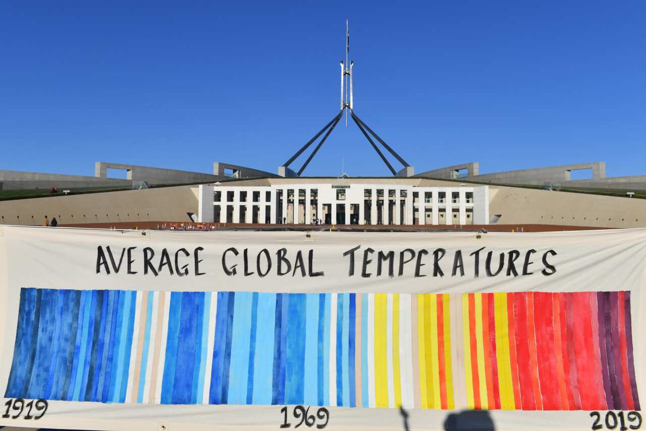 A banner depicting global temperatures by knitters from the Christian group Common Grace's Knit for Climate Action initiative at Parliament House in Canberra